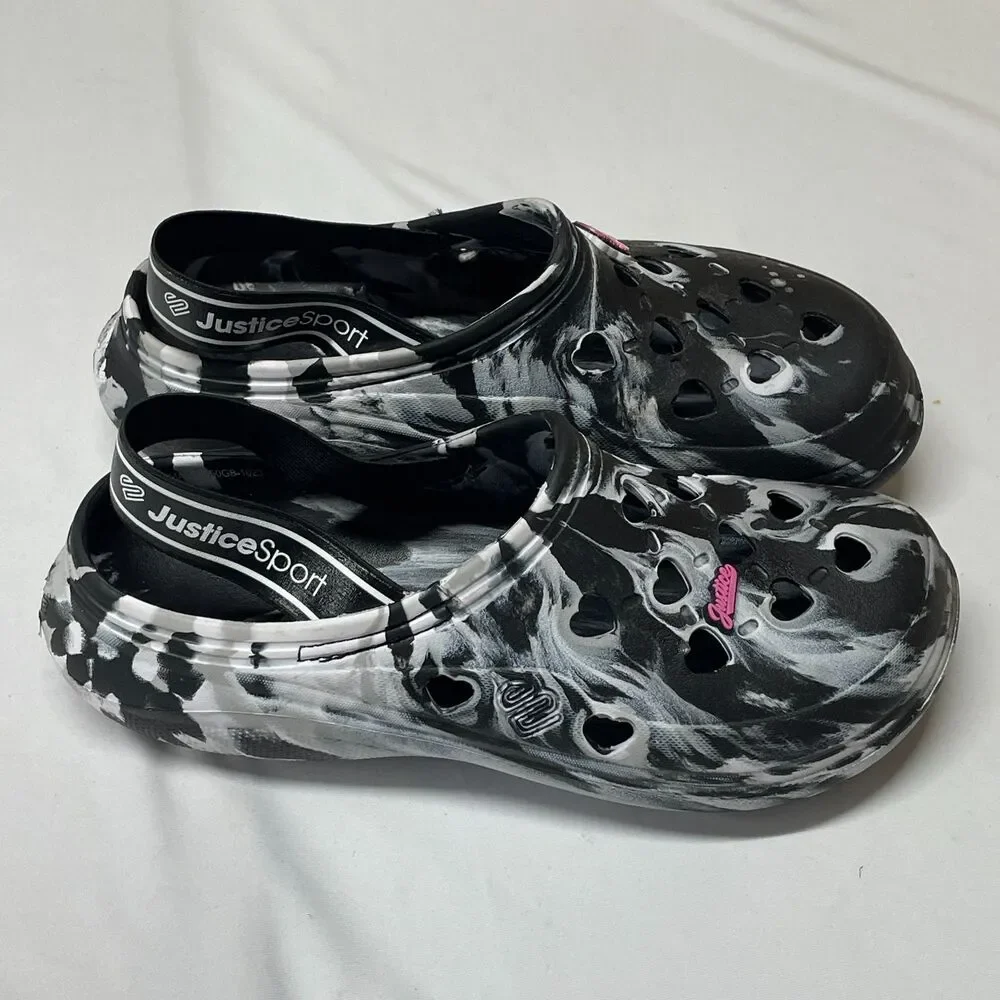 Justice Sport Marbled Heart Clogs Black White Slip-On Shoes Butterfly Charms